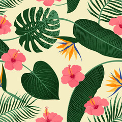 Tropical Leaves and Hibiscus, and Strelitzia Flowers seamless pattern. Vector illustration in trendy retro flat style