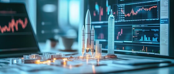 Rocket launching over a city model, with financial data displays