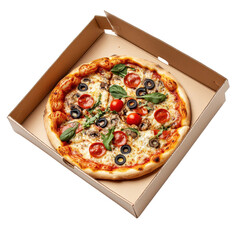 A square pizza box with bold branding and a simple design, A square pizza box featuring bold branding and a minimalist design, isolated on transparent background