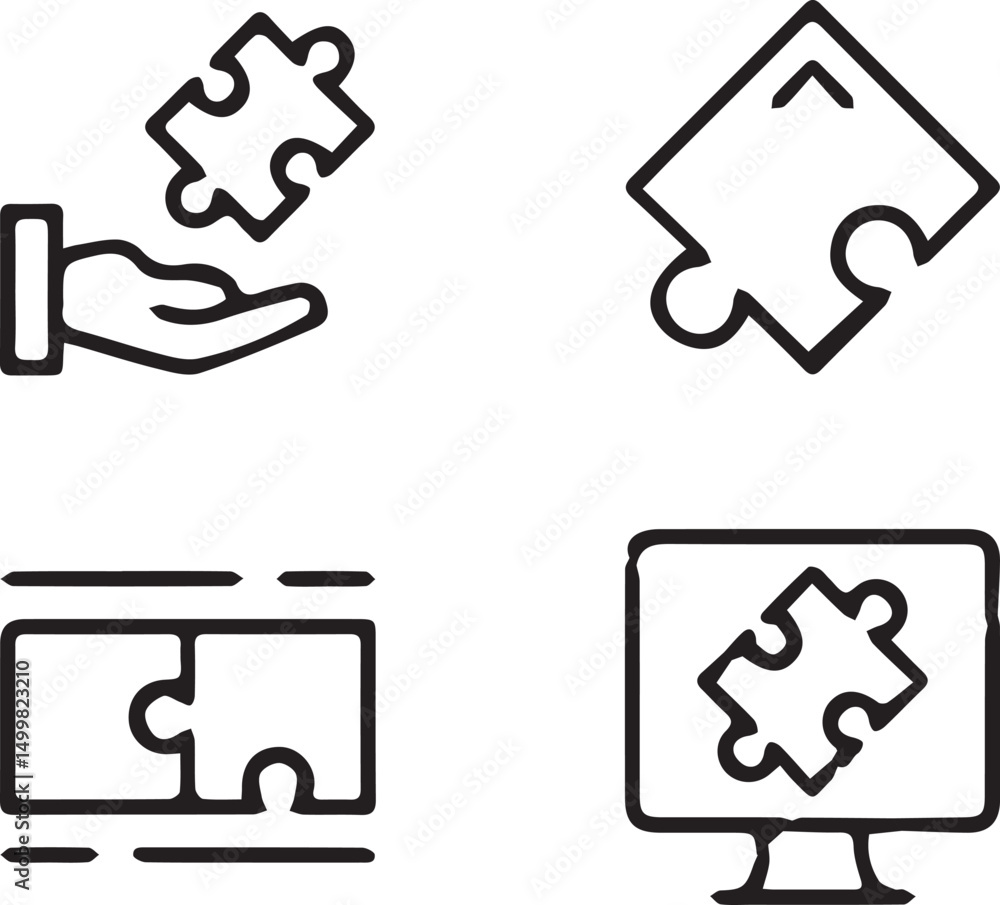 Poster jigsaw puzzle icons: this set of jigsaw puzzle icons in black line drawing conveys problem solving, 
