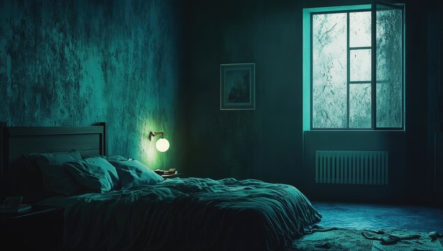 Teal bedroom interior, moody ambiance - Powered by Adobe