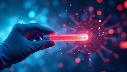 Double exposure of scientist hand holding laboratory test tube