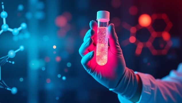 Double exposure of scientist hand holding laboratory test tube