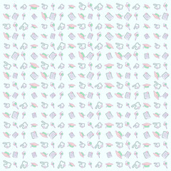 Graduation medal necklace pattern, colorful balloons, graduation cap, and diploma