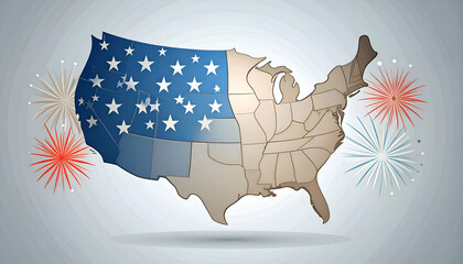 United States map graphic with stars stripes and fireworks on a white background.