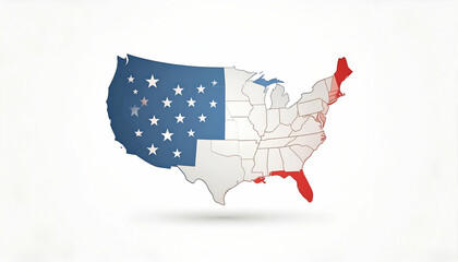 United States map illustration with colors of the American flag on a white background.