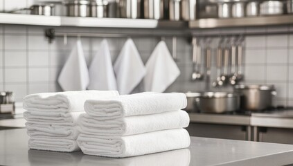 Stacked white kitchen towels on a countertop