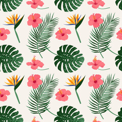 Tropical Leaves and Flowers seamless pattern. Vector illustration in trendy retro flat style