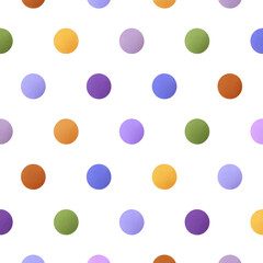 Colorful polka dot pattern with vibrant circles on transparency background, creating playful and lively design. dots are arranged in grid, featuring shades of purple, green, blue, and orange