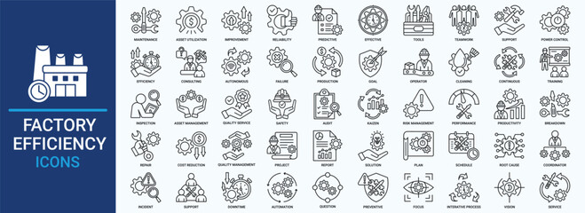 Factory Efficiency icon set. Containing maintenance, asset utilization, improvement, teamwork, support, efficiency and more. Outline vector icons collection.