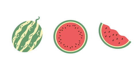 Set of simple abstract vector watermelon. Watermelon with red flesh is halved isolate on a white background.