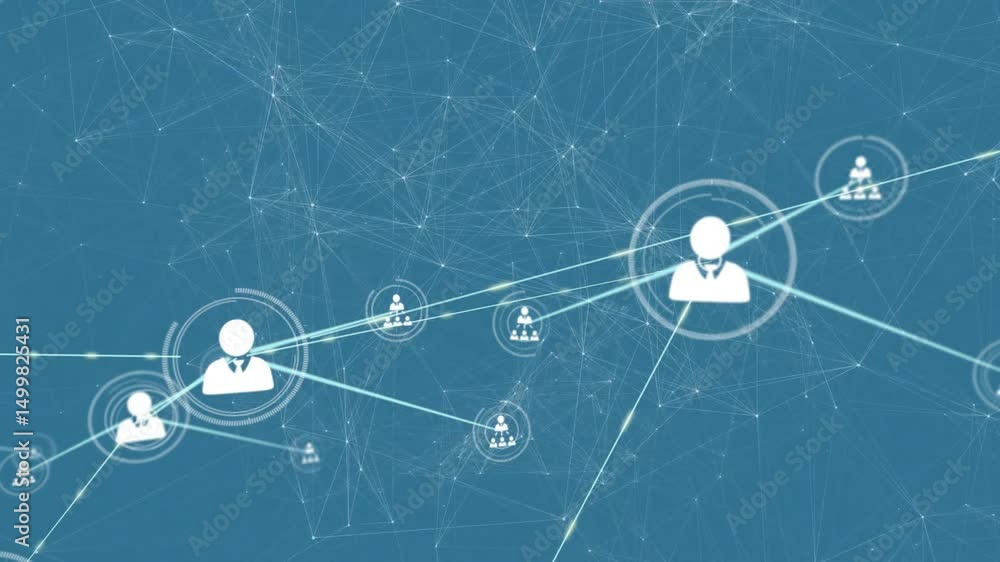 Poster when animation begins business icon sending lines connecting group icons promoting network growth