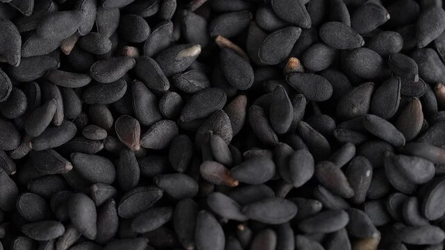 Macro video of black sesame seeds kept on rotating disk. Close up of black sesame seeds.