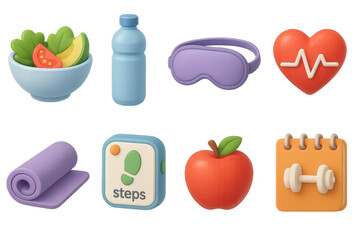 3d set of healthy lifestyle icons. wellness, fitness, and nutrition symbols in 3d style