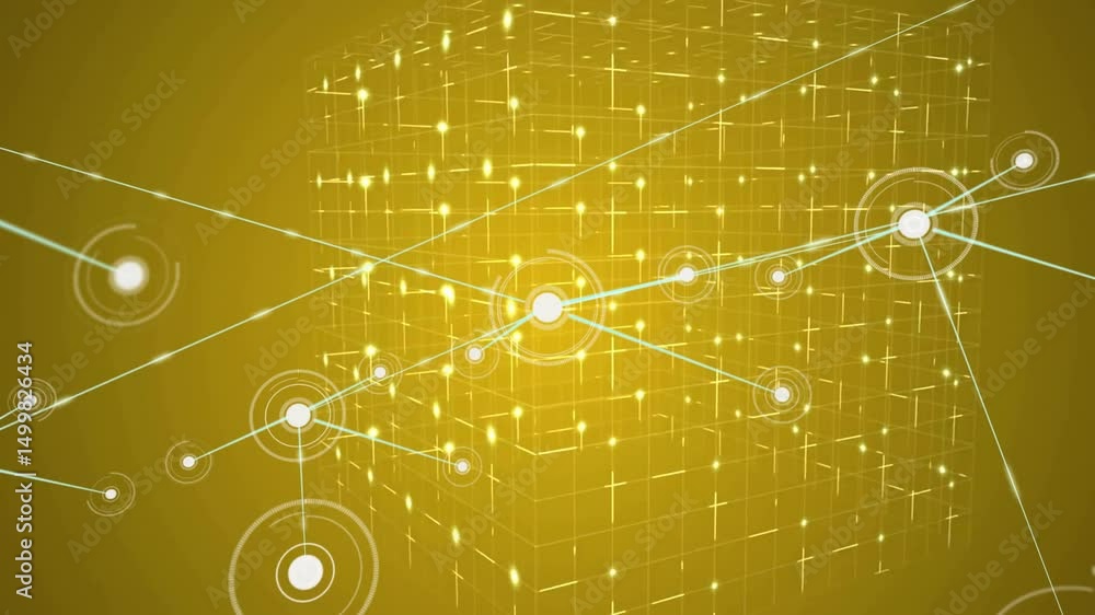 Poster pulsing node within 3d grid cube attracting peripheral nodes shooting beams forming glowing network