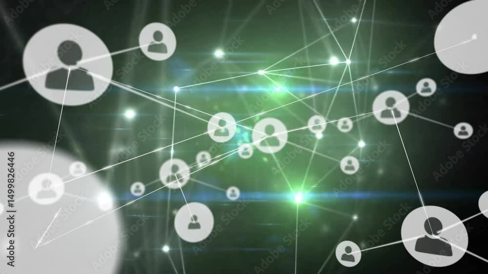Poster user-icon node materializing sparking digital network expansion by linking nodes and pulsing glow