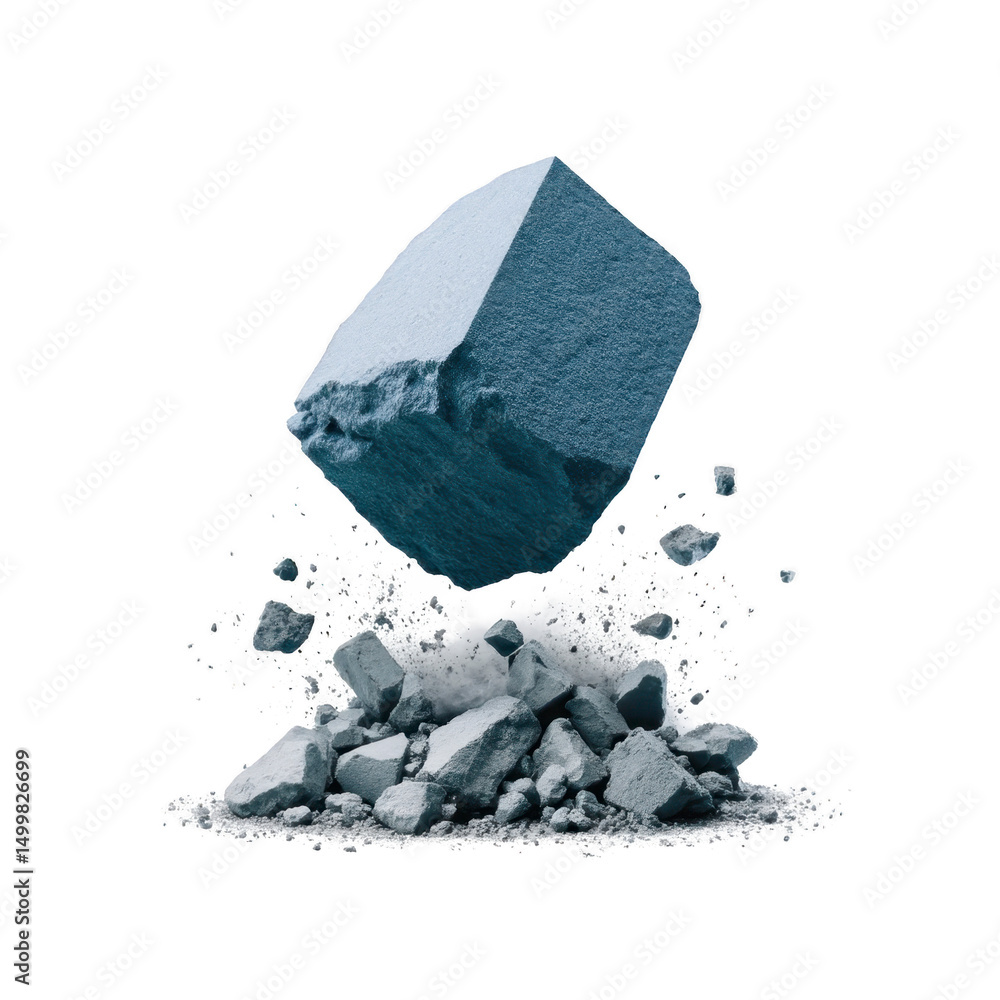 Poster large blue stone cube hovers above shattered rocks and dust, creating dynamic and surreal scene. con