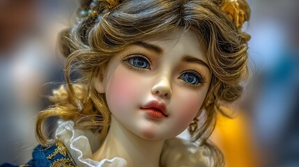 Obraz premium Exquisite Porcelain Doll with Curly Blonde Hair and Blue Eyes, Dressed in Elegant Clothing