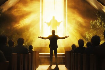 Man in suit, arms outstretched, in church, with Jesus figure at window