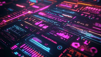 Purple, violet, blue neon background with digital integrated network technology. Printed circuit board. 3D illustration. Circuit board futuristic server code processing. PCB, Code,  - Powered by Adobe