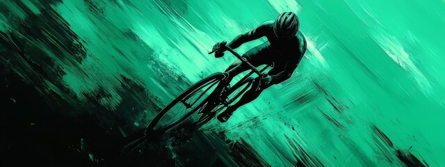 Fototapeta premium Graphic poster-style abstract with sharp brush strokes in green and black, designed for extreme cycling themes