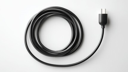 minimalistic digital black cable and plug lying on clean white background, strong contrast
