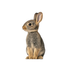 Obraz premium Cute, small rabbit with soft fur sits upright, showcasing its alert ears and gentle expression against plain background. rabbit delicate features and fluffy appearance evoke sense of calm