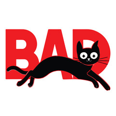 A cute black cartoon cat kitten pet holds a funny sign with a red ribbon, a delightful vector illustration