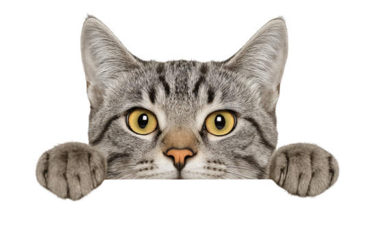 Cute gray tabby cat with wide yellow eyes peeking over an invisible edge isolated on transparent background