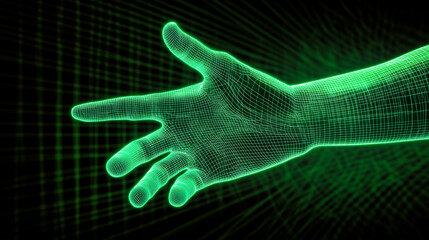 Green, glowing wireframe hand in cyberspace on a dark background