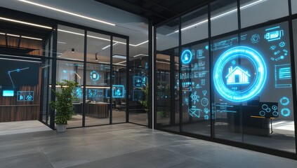 Modern office space with interactive displays showing smart home technology