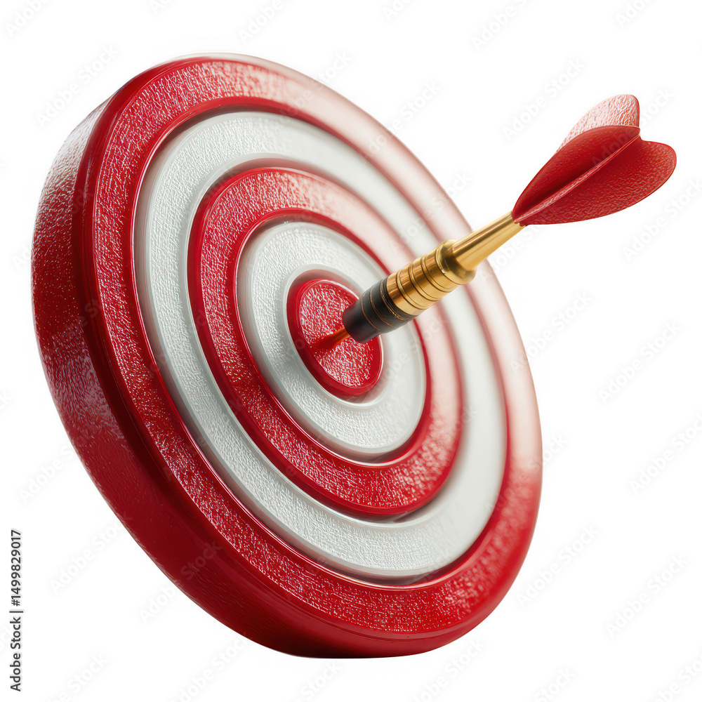 Poster red dartboard with dart in bullseye isolated on transparent background