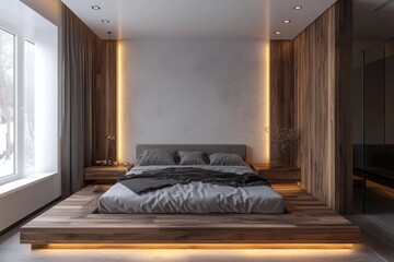 Modern bedroom with wooden platform bed