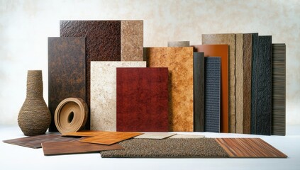 Variety of decorative panels and flooring samples displayed