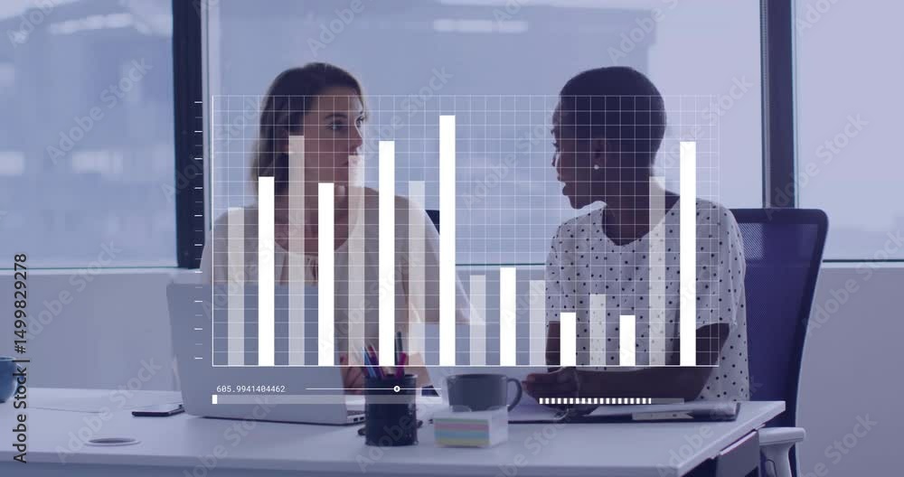 Poster colleagues noticing translucent bar chart overlay fading in and comparing business data via laptop