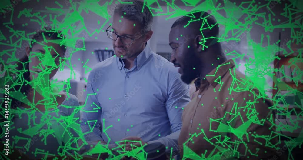 Poster business analyst tapping tablet stylus and generating network overlay as colleagues examining data