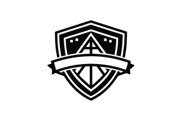 Bold black silhouette shield logo design with banner