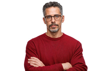Fototapeta premium Confident middle-aged man wearing glasses and a red sweater, standing with arms crossed and a serious expression