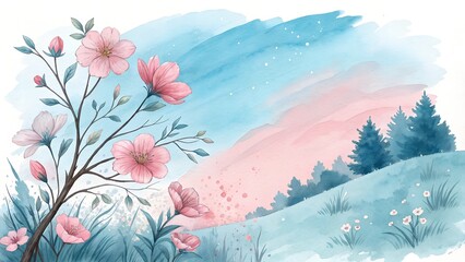 Aquarelllandschaft mit bl&uuml;henden Blumen und fernen B&auml;umen  