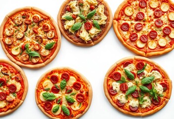 Overhead shot of various pizzas with diverse toppings, isolated on white , cheese, tasty