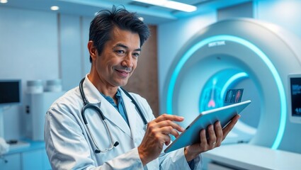 Doctor with digital tablet reviewing AI-powered diagnostics beside MRI machine in futuristic hospital
