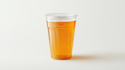 Plastic cup of amber-colored beverage against white background
