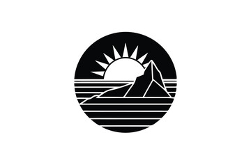 Retro sunset silhouette over mountain peak ocean scene