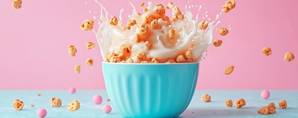 Cereal milk splash, pink background. Breakfast food ad