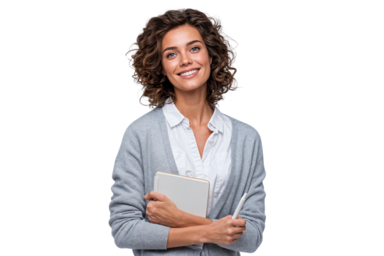 Smiling female teacher with curly hair, holding a book and pen, professional or educational setting