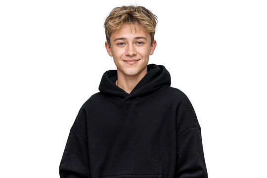 Handsome teenage boy smiling with blonde hair wearing a plain black hoodie, modern and casual style, isolated on transparent background - Powered by Adobe