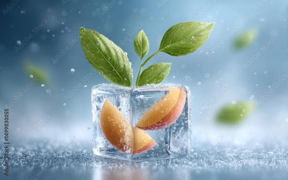 Poster ultra-close macro of crystal-clear ice cube with suspended mint leaf and peach slice inside