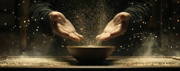 Hands pouring grains into bowl, dark background, food prep