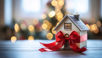 Miniature house wrapped in red ribbon sits on a table, Christmas lights bokeh background