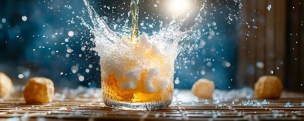 Beer splash, snacks, wooden background